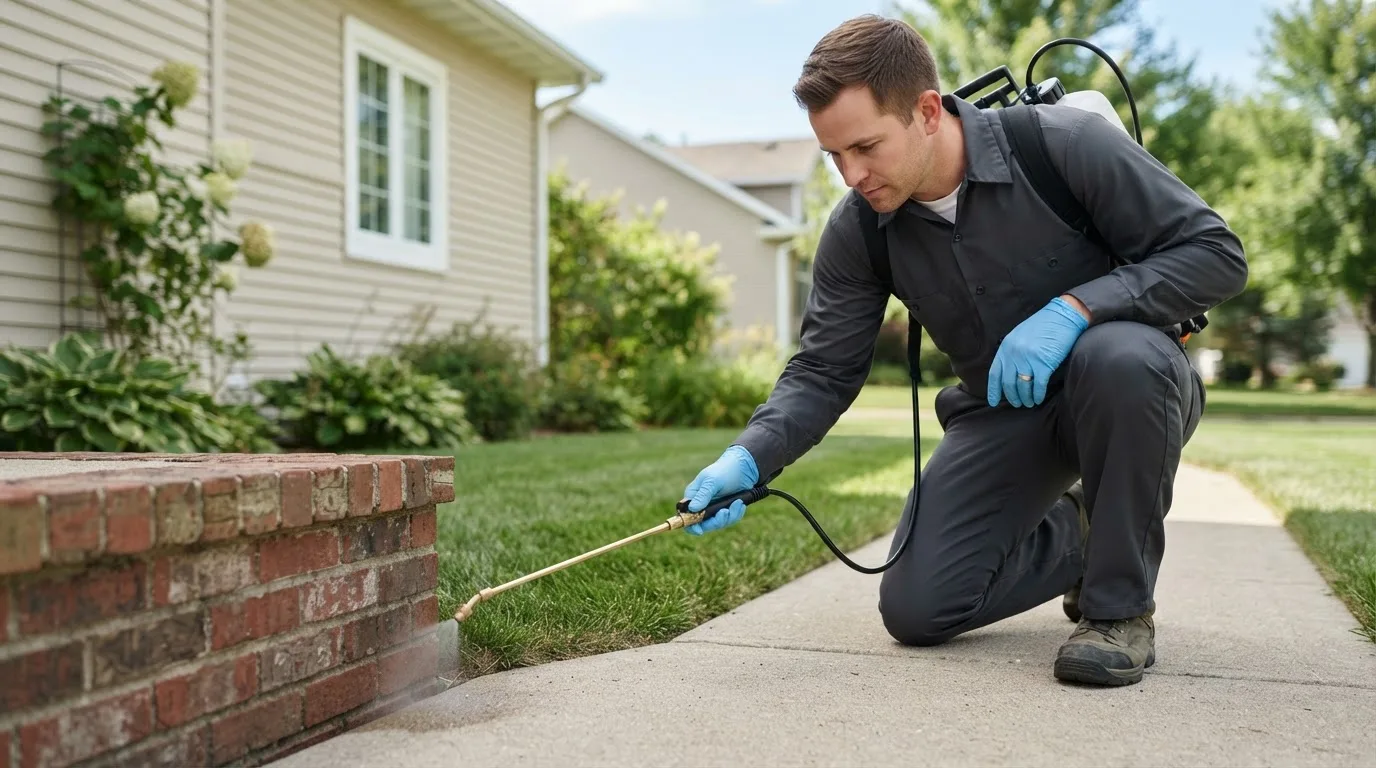 Pest control technician treating a home near Peace Valley, MO