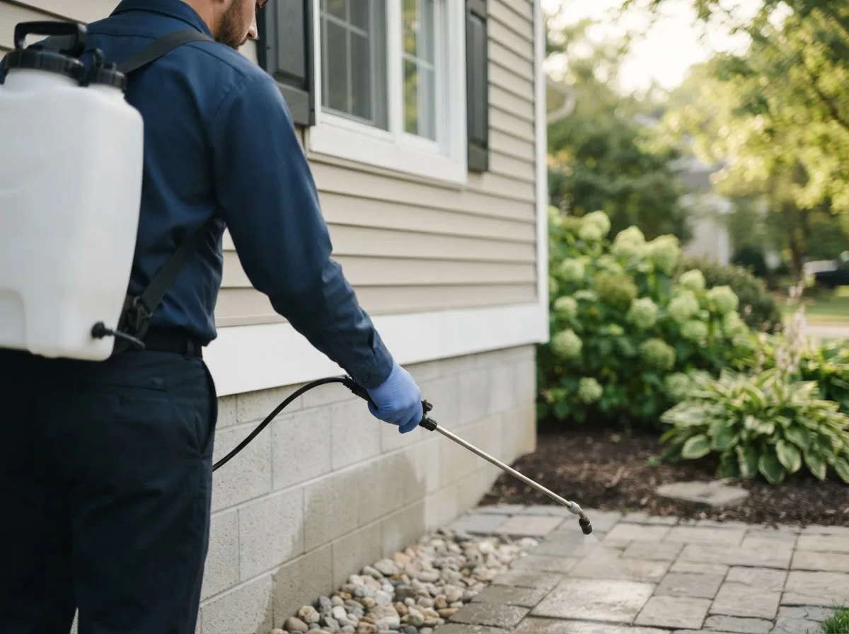 Pest control technician inspecting a home in Peace Valley, MO